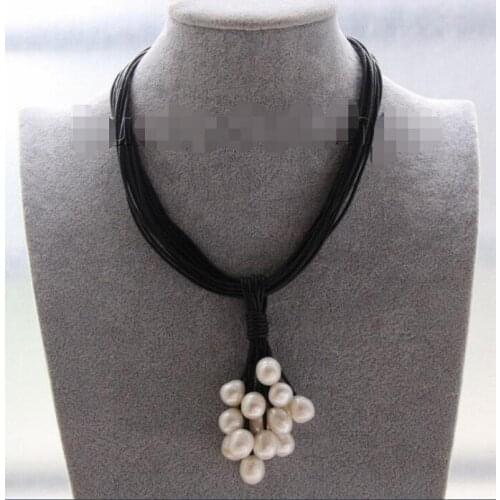 Jewelry Pearl Necklace 16" 15row 14mm white pearls Black leather Pendant necklacE Free Shipping