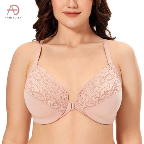 Womens Front Closure Full Coverage Lace Underwire Racerback Cotton Bra Plus Size Non Padded Underwear