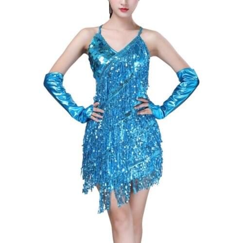 Women Lace Latin Dance Wear Sexy Sequined Sling Halter Latin Dance Dress Tassel Costume Mini Dance Dress