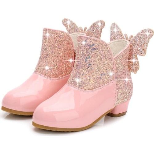 Winter girls' leather boots with high heels velvet to keep warm 3-12 years old princess tube cotton boots bow sequin short boots