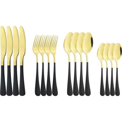 16pcs/4set Dinnerware Black Gold Knife Fork Spoon Teaspoon Stainless Steel Set Silverware Set Cutlery Flatware Kitchen Tableware