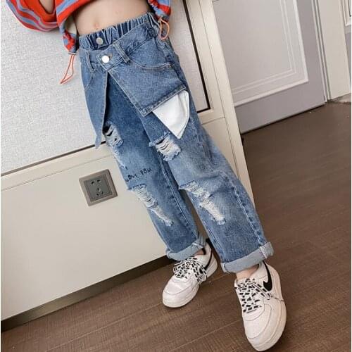 2021 new wholesale girls denim holes pants fashion spring girls jean pants 4-9t A568