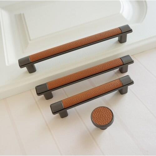 3.75" 5" 6.3" Round Drawer Handle Brown Leather Door Pull Handles Dark Grey Zinc Alloy Closet Wardrobe Knobs 96 128 160mm