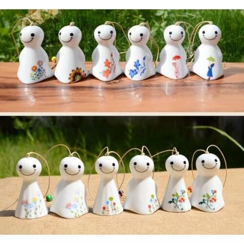 Free Shipping (5 pcs/lot) Japan Style Wind Chime Flower Sunny Doll Wind Bell Handmade Ceramic Crafts Home Decoration Kids Gifts