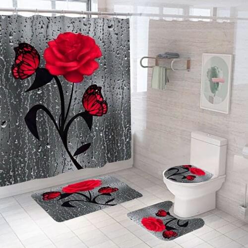 Big Rose Printed Bath Waterproof Bathroom Furniture Shower Curtain Sets in the Bathroom for Modern Accessory Bathroom Products