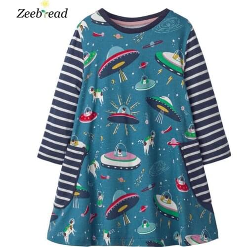 Zeebread Princess Space Ship Print Girls Dresses With Pockets Fashion Baby Clothes Cotton Childrens Long Sleeve Frocks For Fall