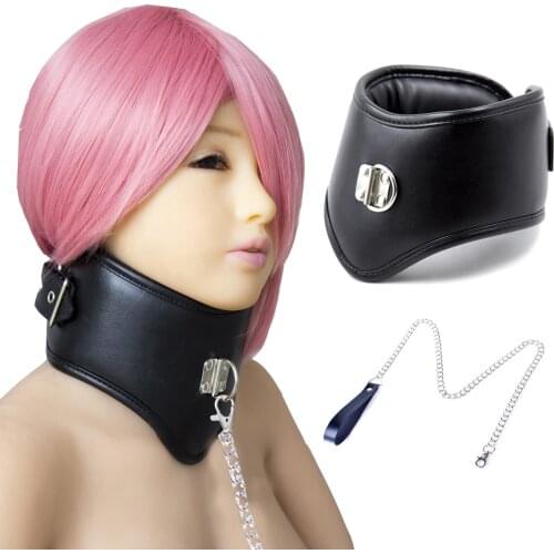 Erotic Soft Sponge Padded Leather Chastity Posture Neck Collar With Chain For Bdsm Slave Bondage Dog Collar Neck Harness Sex Toy
