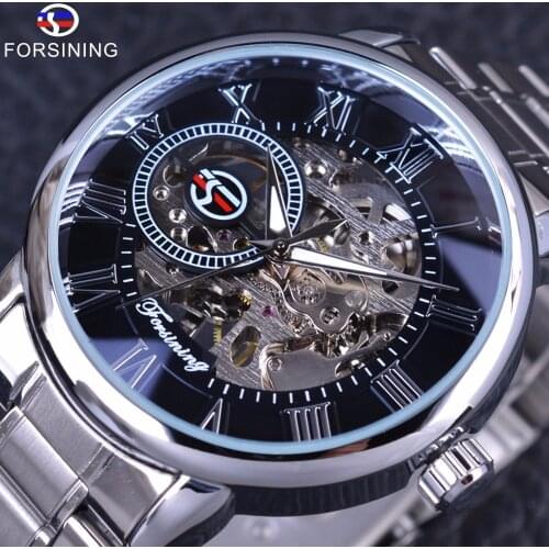 Forsining Classic Retro Series 3D Logo Display Silver Stainless Steel Skeleton Dial Mens Watch Top Brand Luxury Mechanical Watch