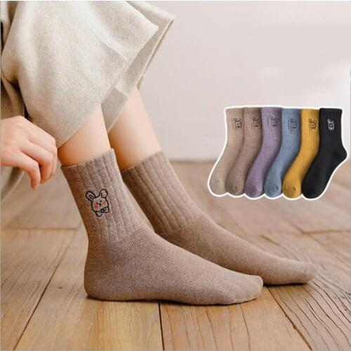 New Winter Women Socks Thicken Warm Middle Tube For Girls Embroidery Cute Bunny Cartoon Sweet Female Japanese Korean Fashion