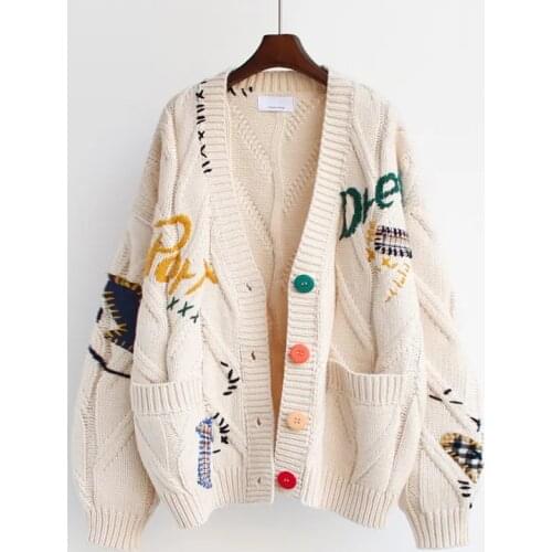 Autumn Winter Warm Single-breasted Cardigan Warm Knitted Sweater Jacket Fashion Big Pocket Letter Embroidery Loose Sweaters Tops