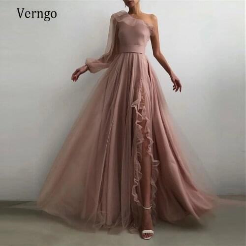 Verngo Dusty Pink/Burgundy/Black Tulle A Line Prom Dresses One Shoulder Long Sleeve Ruffles Side Slit Simple Evening Gowns 2021
