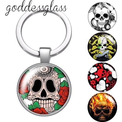 Rose Skull Punk horrifying style Fashion glass cabochon keychain Bag Car key chain Ring Holder Charms keychains for Gifts
