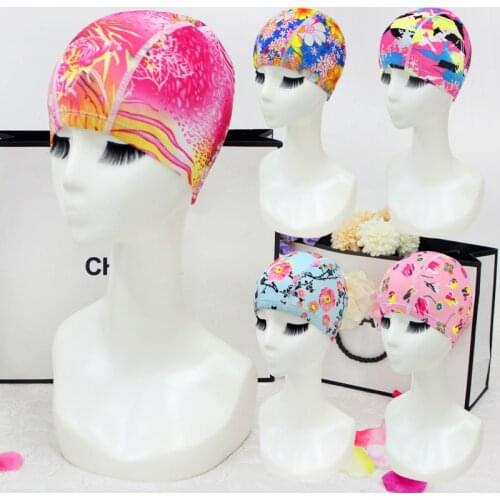 Newest Elastic Women Swimming Cap Nylon & Spandex Print Hat Free Size For Ladies Female Beach hat Swim Bathing Cap 20 colors