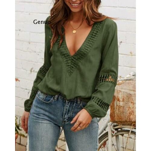 Sexy Tops Women Long Sleeve Loose T-Shirt Summer Women Casual T-Shirts V-Neck Top Hollow-Out Lantern Sleeve T-Shirt