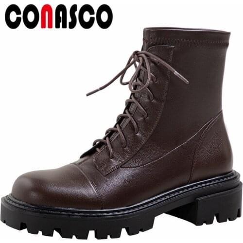CONASCO New Punk Women Ankle Boots Autumn Winter Warm Genuine Leather Causal Prom Office Lady Concise Punk Shoes Woman