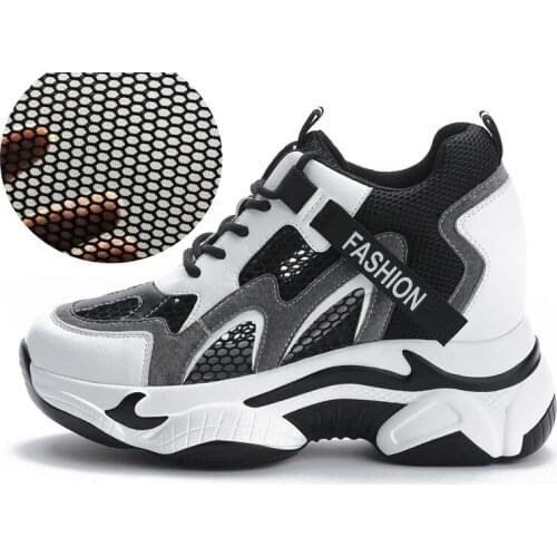 Wedge Platform Heels Dad Shoes Women Sneakers Hollow Air Mesh Summer Shoes Pumps 2021 Genuine Leather Shoes