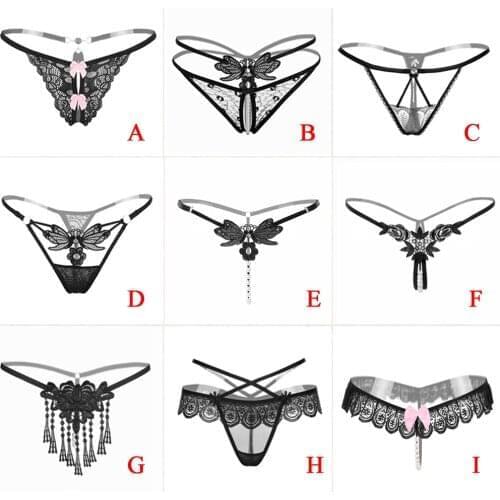 Womens Open Crotch Panties Female Massage Pearl Lingerie G-stings Hollow Temptation Thongs Embroidery Lace T-back Panties