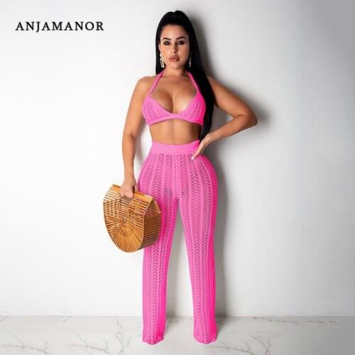 ANJAMANOR Sexy Summer Solid Color Crochet Knitted Two Piece Set Pants Bikini Top Beach Vacation Outfits Wholesale Items D48-DE35