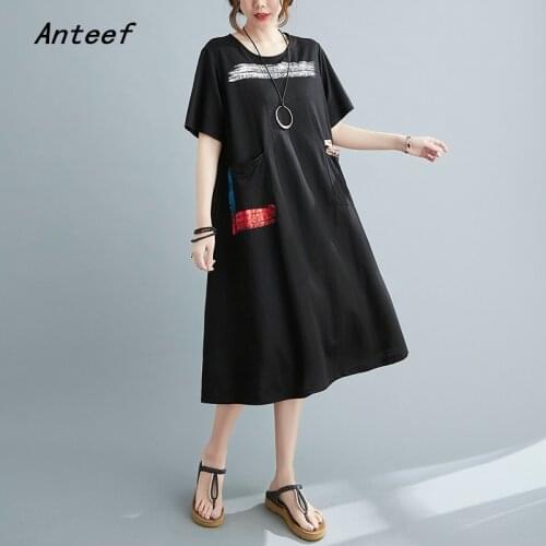 Short sleeve plus size black cotton vintage dresses for women casual loose midi woman summer dress elegant clothes 2021 sundress