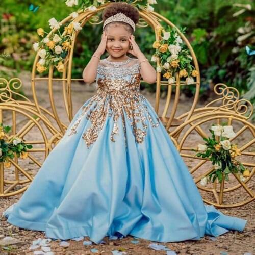 Jewel Neck Ball Gowns Sequins Applique Beaded Pageant Dress for Girls Satin Custom Made Kids Birthday Gowns Princess Flower Girl