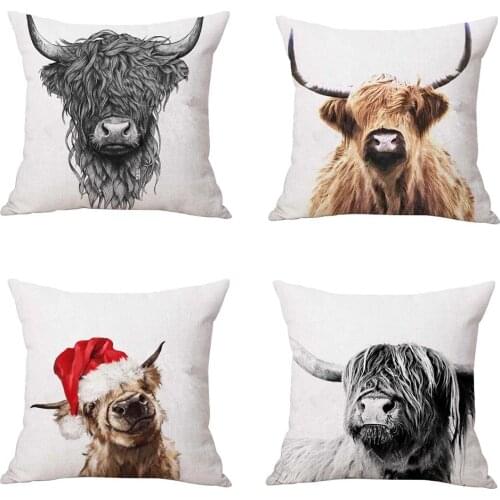 Cushion Cover Farmhouse Cow Printed Linen Animals Highland Cattle Pillow Sofa Cover Decor Pillowcase decorativos Pillow Ca