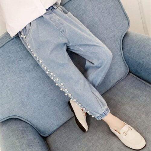 DFXD teenager Girl Jeans Pants 2019 Korean Fashion Long Side Beading Denim Blue Trousers Kids Jeans For 3-12Yrs Big Girl Clothes