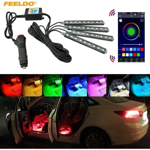 FEELDO 4pcs/set Car Blutooth APP Intelligent Control Decorative LED Atmosphere Neon Light RGB Car Interior Footwell Light #4561