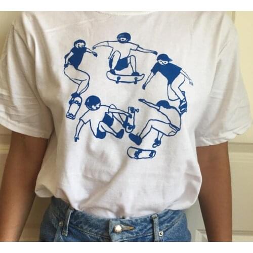 CalelinKa Unisex Summer Skater Dudes Danceing Retro Summer Short Sleeve White Cotton Soft T shirt Harajuku Ins Fashion T shirt