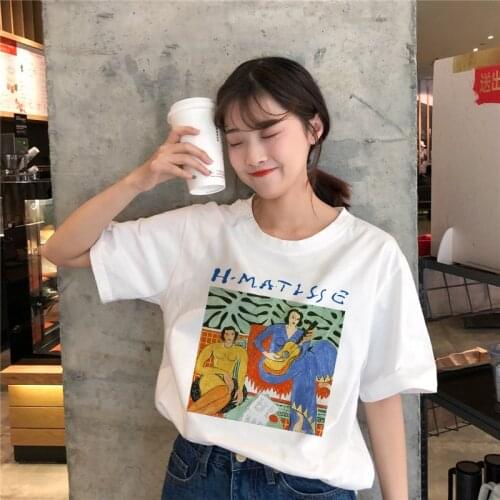 Summer Korean Harajuku Vintage Aesthetics Print O-Neck Short Sleeve Womens Cartoon Print T-shirt Fashion Casual fun Loose Tops