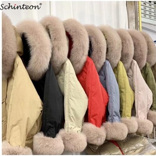 Schinteon White Duck Down Jacket with Real Fur Winter Warm Outwear Loose Casual Coat with Hood 100% Big Fox Fur Collar New