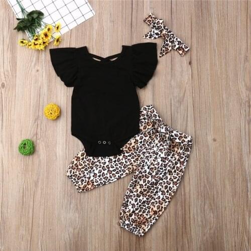 3PCS Summer Newborn Baby Girl Clothes Fly-Sleeve Tops+Leopard Long Pants Outfit Sunsuit Baby Clothing