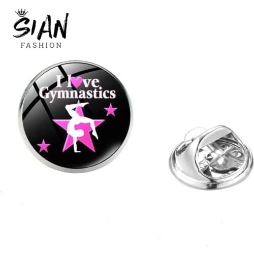 SIAN New Arrival I Love Gymnastics Metal Brooch Fashion Dance Women Art Photo Glass Cabochon Dress Badge Pins for Sports Lovers