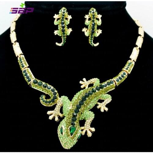 Fashion Animal Gecko Lizard Necklace Earring Sets with Rhinestone Crystal Women Jewelry Set FA3274
