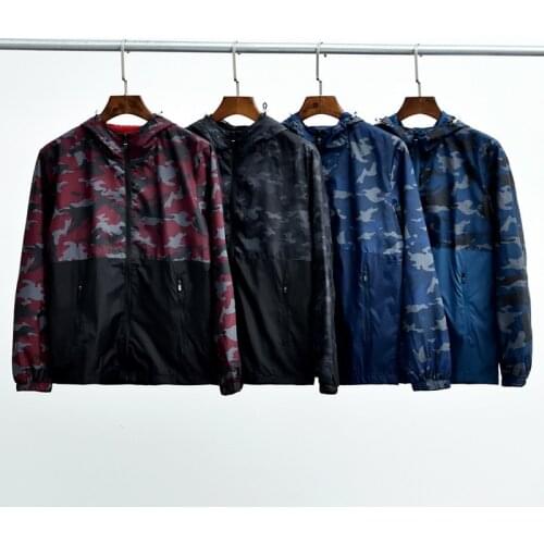 99017 Mens Oversized Windproof Jacket Hooded Military Camouflage Patchwork Zipper Chic Built-In Pocket Outdoor Male Thin Coats