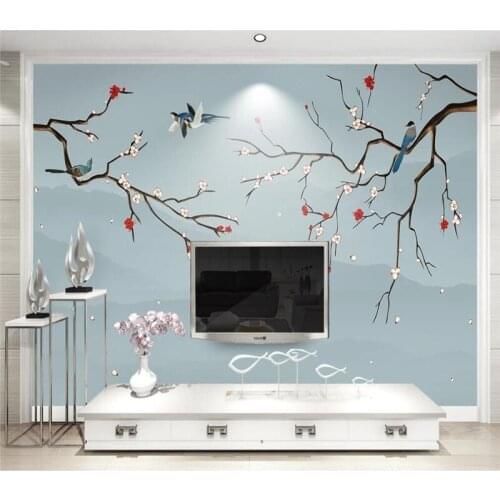 XUE SU Custom mural wallpaper family background wall new Chinese style flowers and birds hand-painted plum background wall