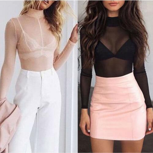 2020 NEW Women Sheer Mesh Shirts Ladies Fish Net Long Sleeve Turtle Neck See Through Top T-Shirt