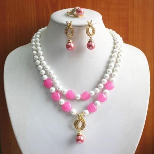New Charming 2Rows White Pearl&Pink Heart Jades Necklace Earring Ring Jewelry Set