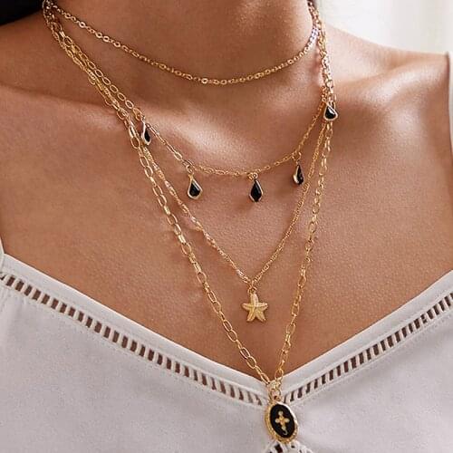 Tocona Charms Cross Pendant Necklace for Women Black Rhinestoen Tassel Multilayer Sweater Chain Jewelry Accessories 10165