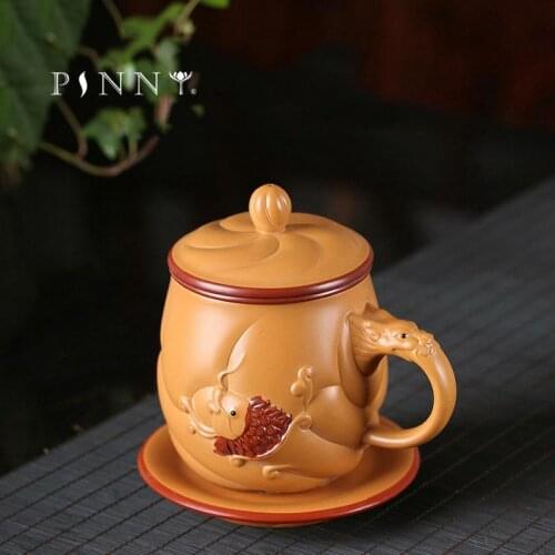 PINNY 540ml Dragon And Fish Engraving Yixing Purple Clay Mug Traditional Chinese Hand Made Purple Sand Teacup Creative Drinkware