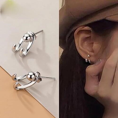Silver Plated Double Hook Bead Back Hanging C-shaped Stud Earrings for Womens Personality Schoolgirl Fashion Jewelry