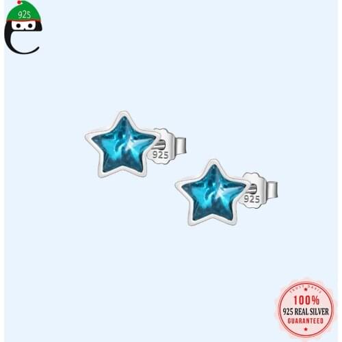 ElfoPlataSi Real 925 Sterling Silver Fashion 2021 Mini Star Blue CZ Stud Earring For Women Wedding Valentines Day Jewelry DD329