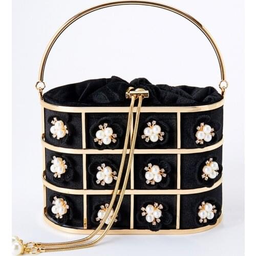 Pearl Basket Evening Clutch Bags Women Hollow Out Korean Flowers Beaded Metallic Cage Handbag And Purses Ladies Dinner Party Bag