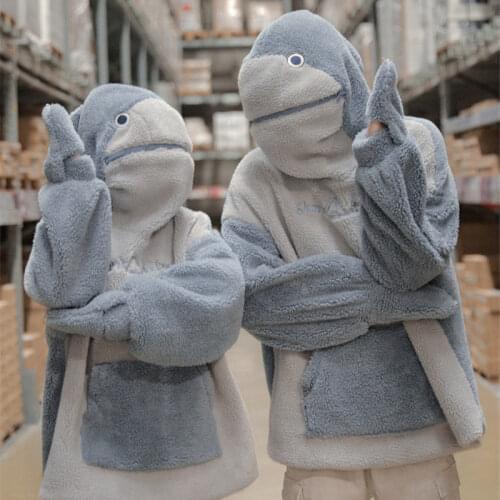 Sweatshirt Lovers Wear Fall Winter 2021 New Shark Hooded Lamb Wool Pullover Jacket Shark Pajamas Men Women Funny Couples Outfit