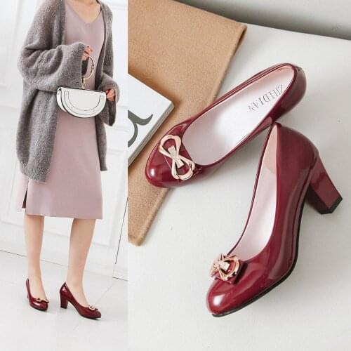 Autumn Single shoes woman ladies retro mary janes office work shoes red balck japanned leather bowknot pumps thick high heels 40