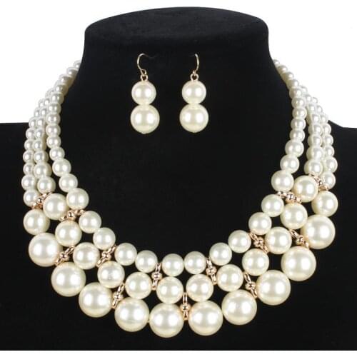 Vintage Women Jewelry Sets Multi Layer Imitation Pearls Choker Bib Chunky Necklace Earrings Sets Jewelry for Wedding Party Gift