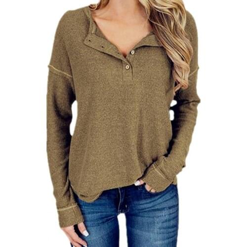 Oversize Women T-shirt Knitted V Neck Autumn Female Tee Shirt Loose Long Sleeve Buttons Lady Tshirt Top Streetwear