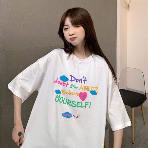 Vintage Lazy Letter Print Tshirt Female Korean Harajuku Womens T-shirts Tops Japanese Kawaii Ladies Ulzzang Clothes For Women