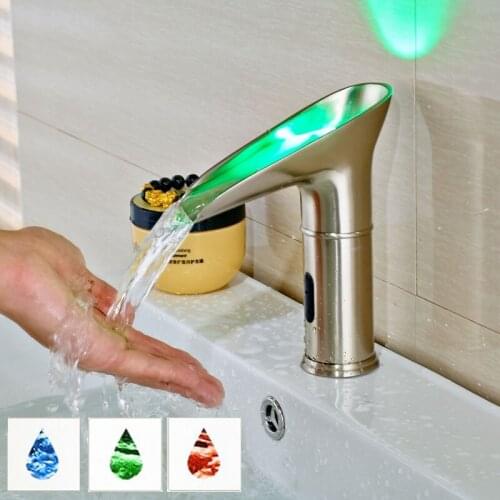 MTTUZK Brass Brushed Nickel Deck Mounted Automatic Sensor Faucet Touchless infrared Faucet LED Light Waterfall Sensor Tap