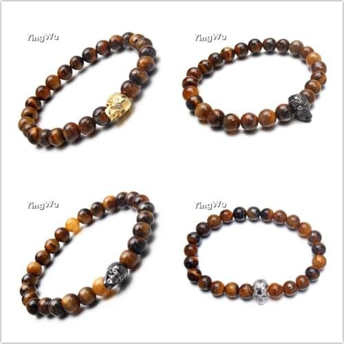 Yingwu Vintage Style Alloy Beaded Skull Bracelet Women Men Simple Tiger Eye Stone Strand Handmade Wristband Elastic Pulseras