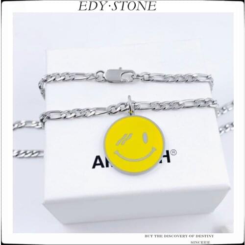 EDY 2021 New Hip Hop Punk WE11DONE LOGO Badge Smiley Titanium Steel Sweater Chain Necklace For Women Girl Men Party Jewelry